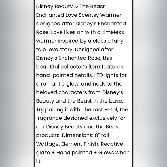 Scentsy Disney Beauty & The Beast Enchanted Love Warmer The Last Petal Wax Belle - Picture 7 of 10